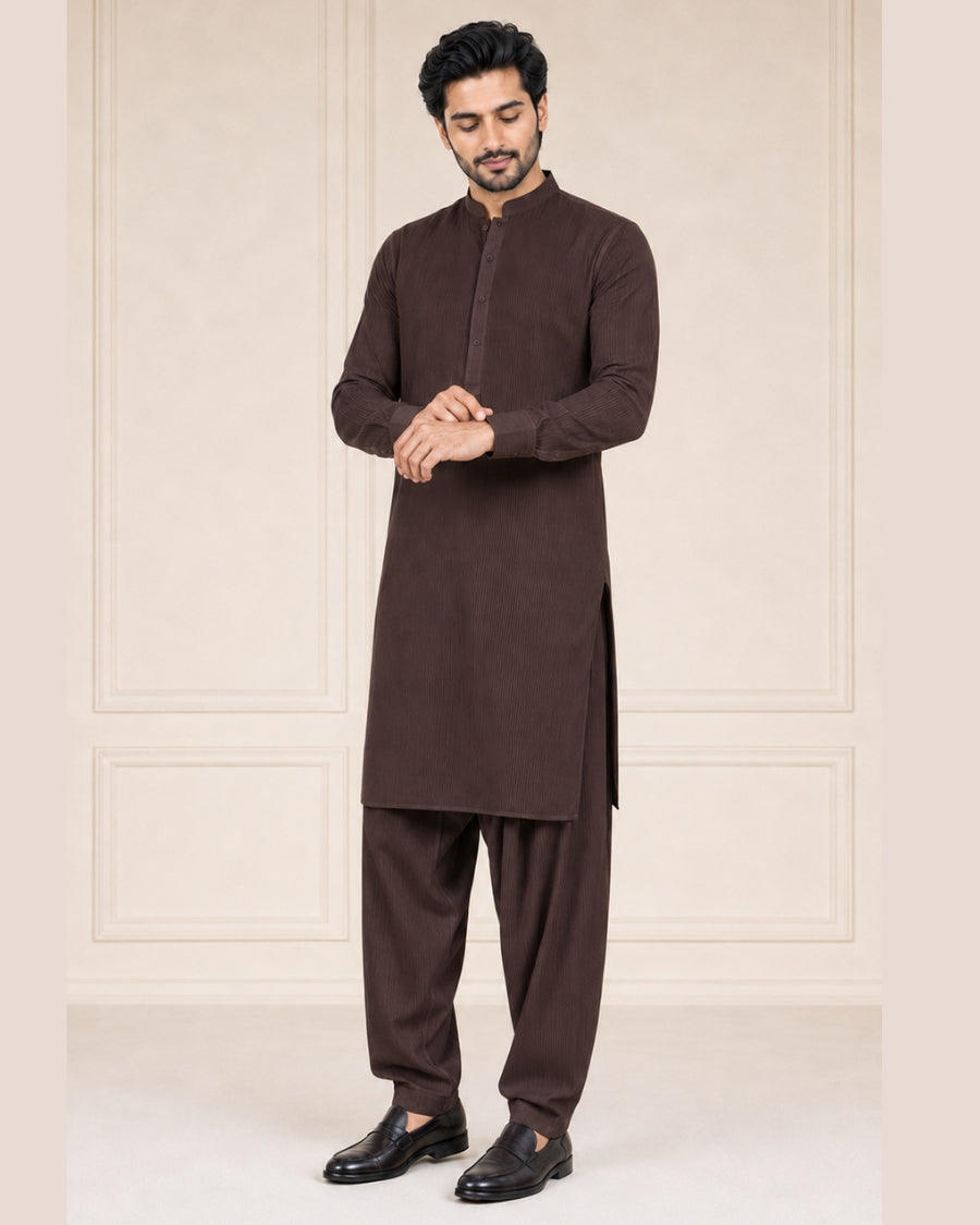 Dark Chocolate Brown Lining Texture Cotton – Men’s 2-Piece Unstitched Suit