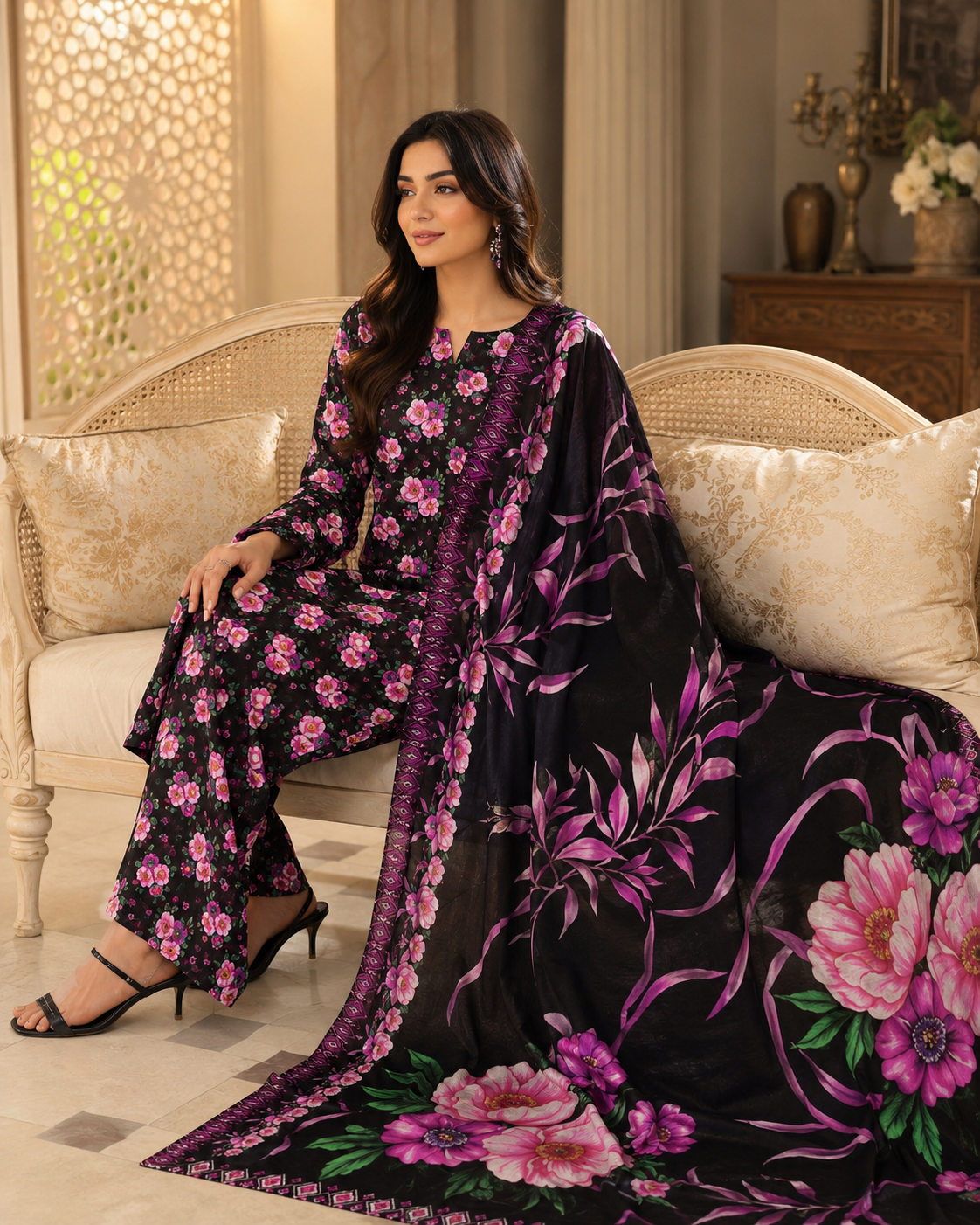 Black & Magenta Floral Printed Lawn – Women’s 3-Piece Unstitched Suit