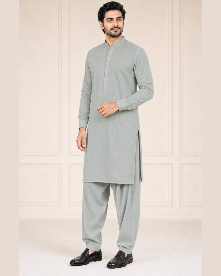 Mint Grey Textured Cotton – Men’s 2-Piece Unstitched Suit