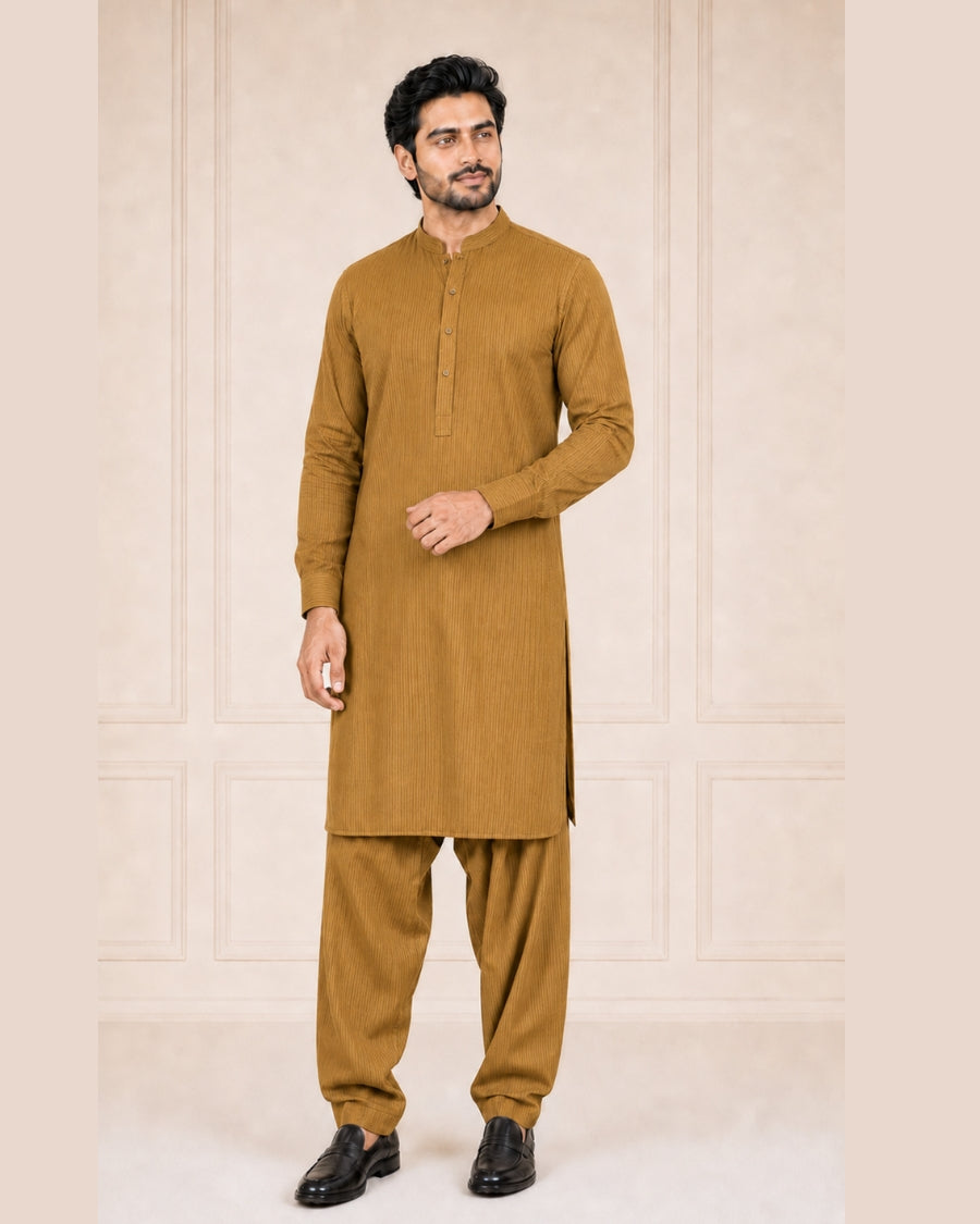 Mustard Lining Texture Cotton – Men’s 2-Piece Unstitched Suit
