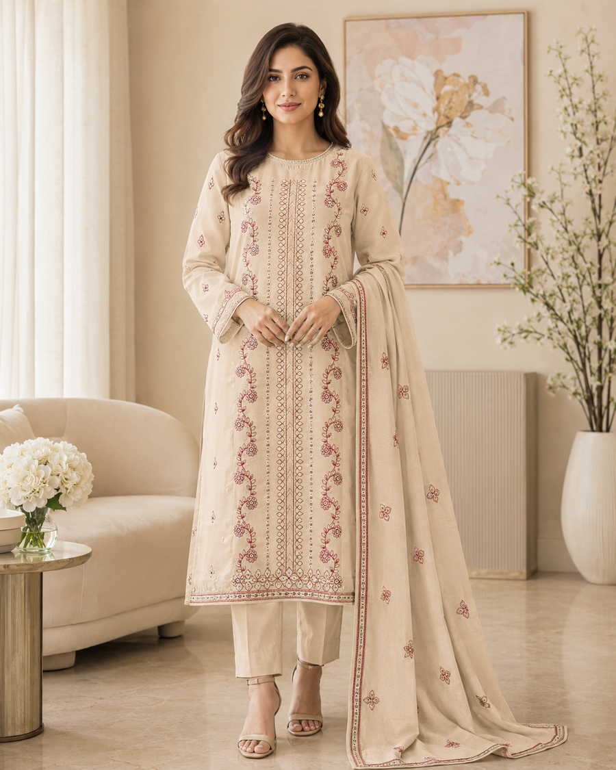 Ladies Premium Beige Rose Embroidered 3-Piece Unstitched Suit