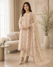 Ladies Premium Beige Rose Embroidered 3-Piece Unstitched Suit