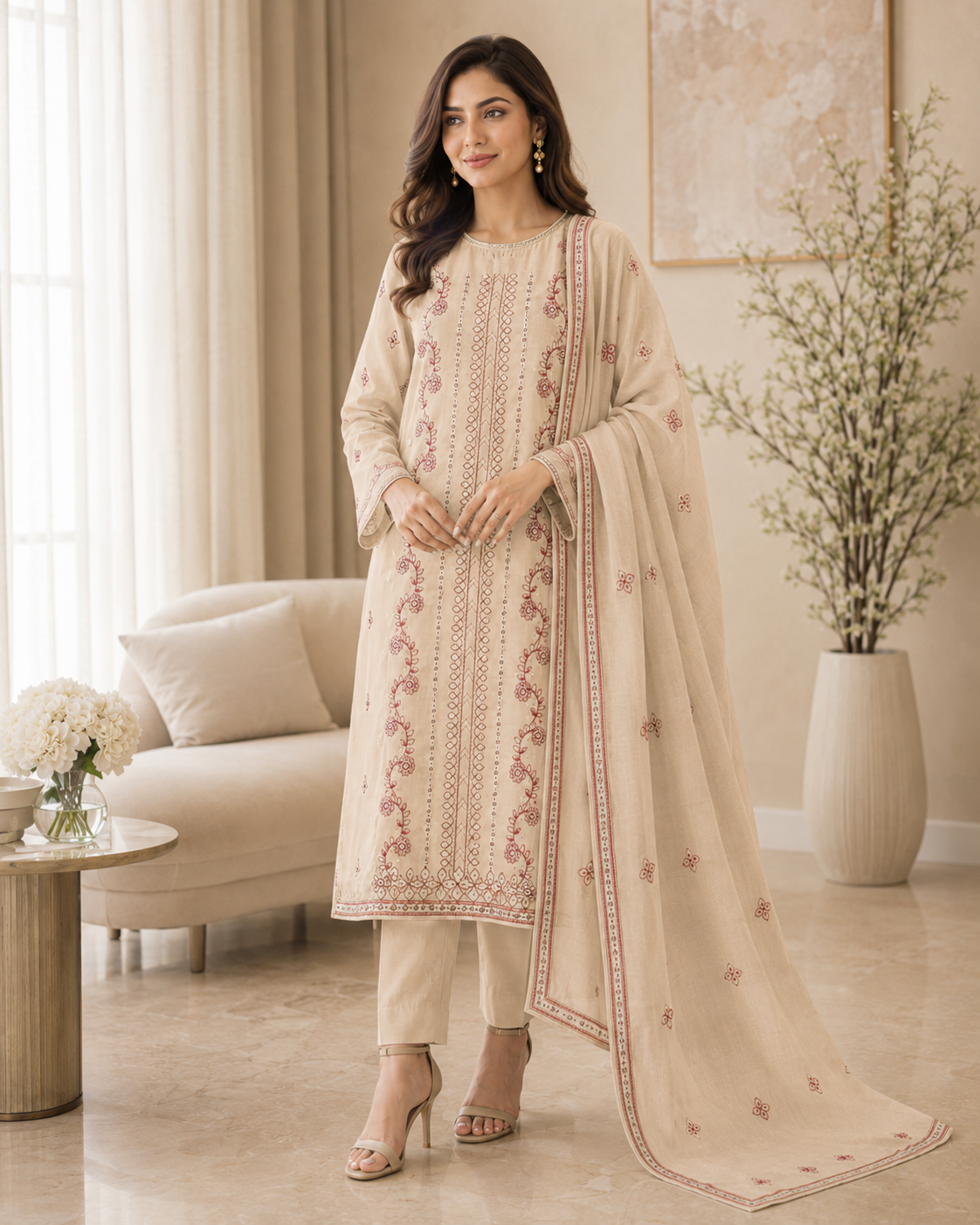 Ladies Premium Beige Rose Embroidered 3-Piece Unstitched Suit