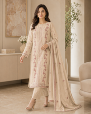 Ladies Premium Beige Rose Embroidered 3-Piece Unstitched Suit
