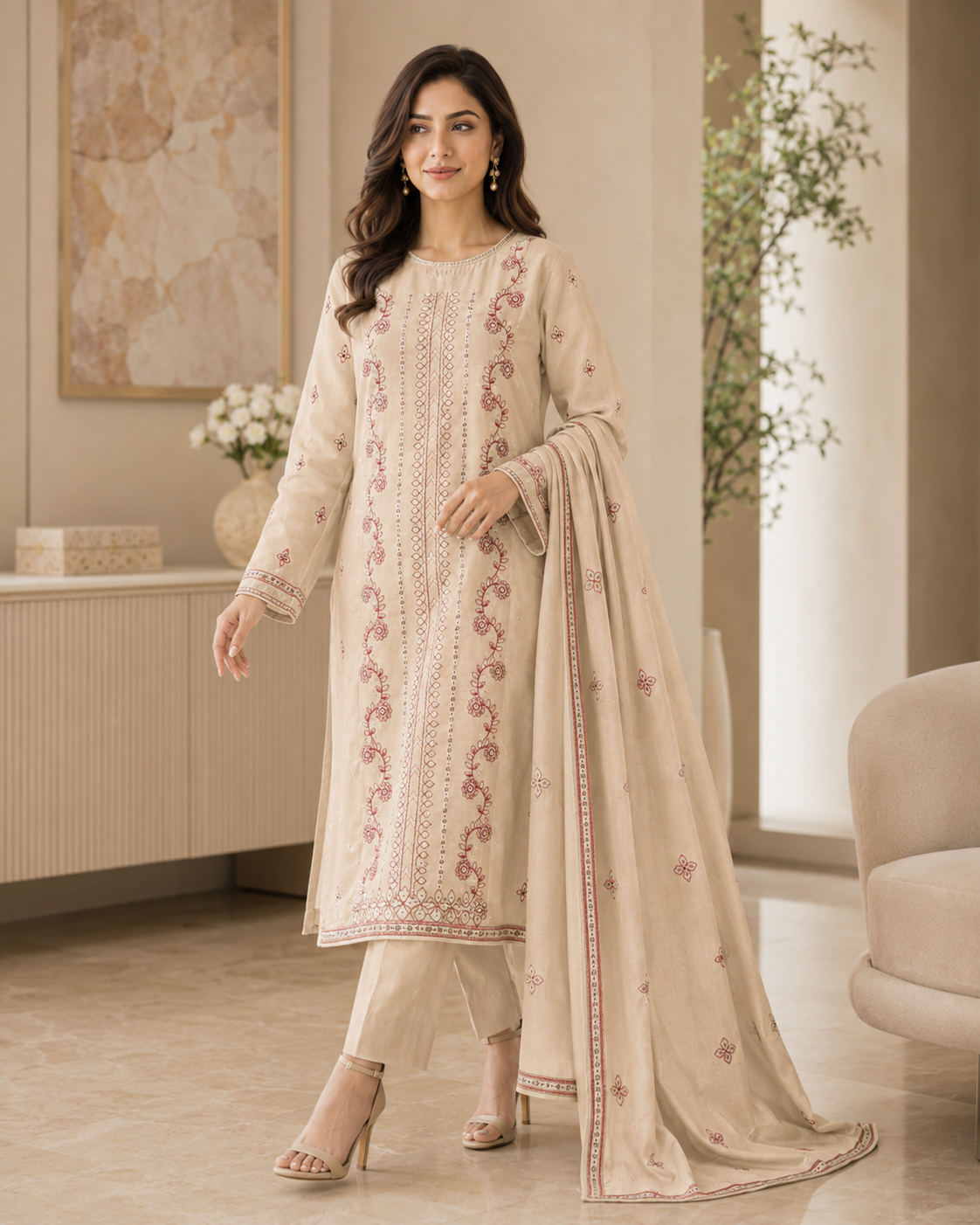 Ladies Premium Beige Rose Embroidered 3-Piece Unstitched Suit