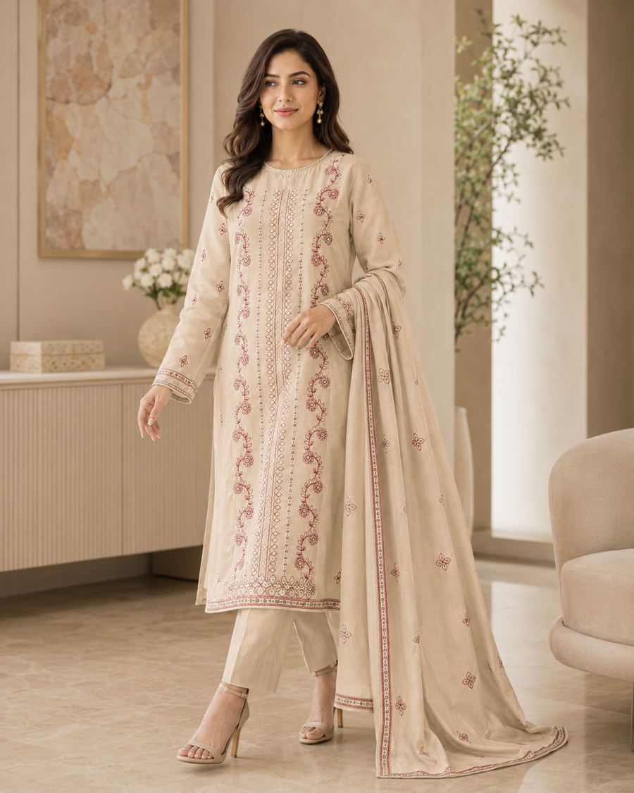 Ladies Premium Beige Rose Embroidered 3-Piece Unstitched Suit