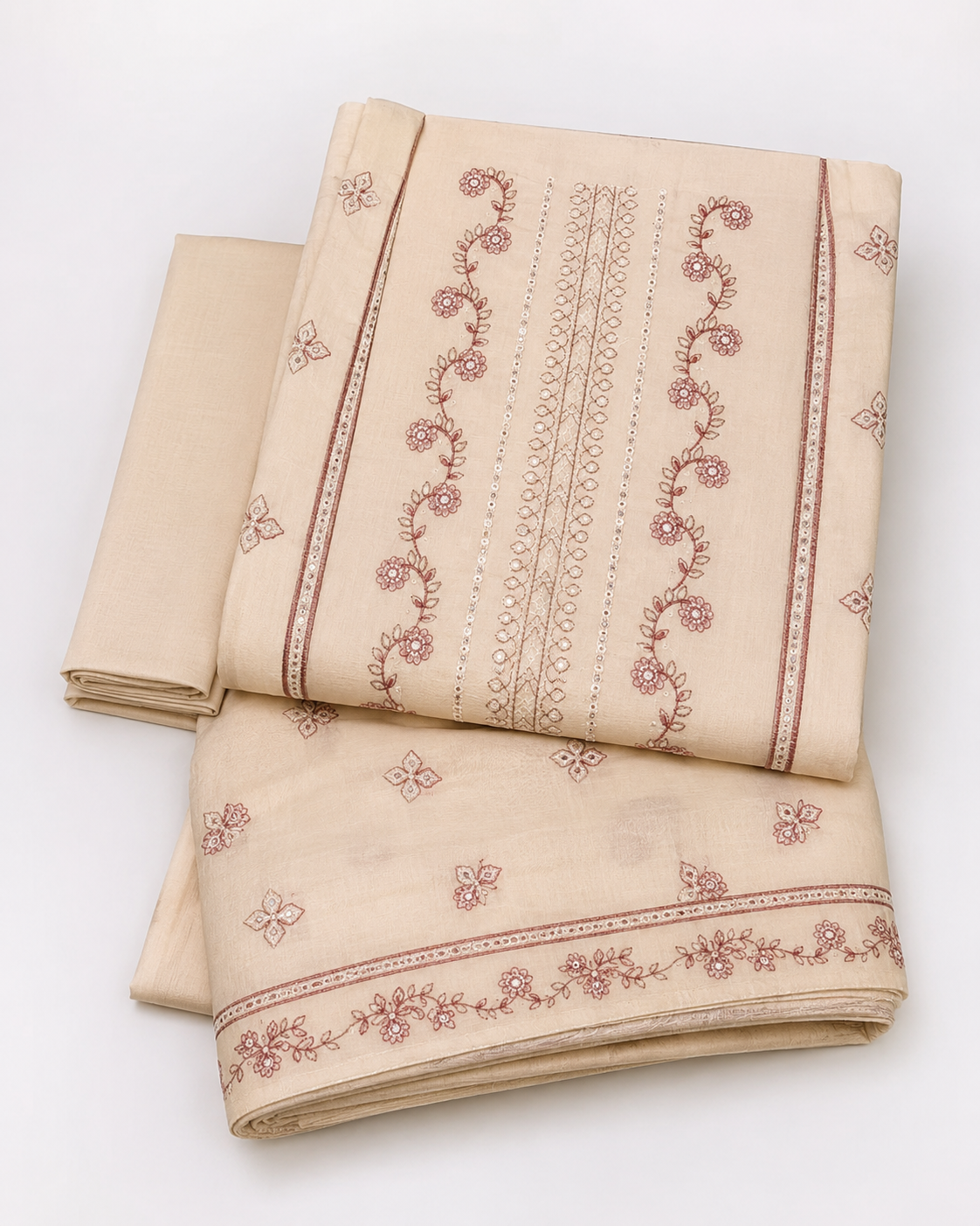 Ladies Premium Beige Rose Embroidered 3-Piece Unstitched Suit