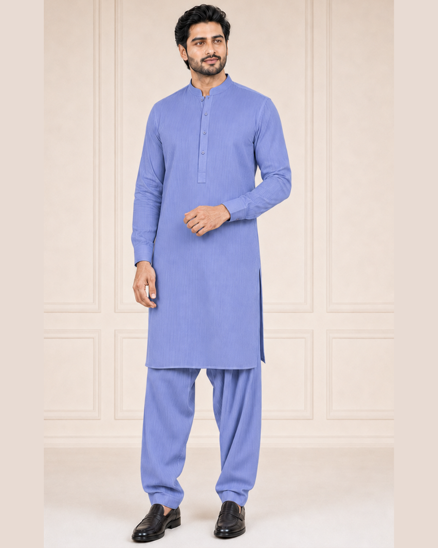 Lavender Blue Textured Cotton – Men’s 2-Piece Unstitched Suit