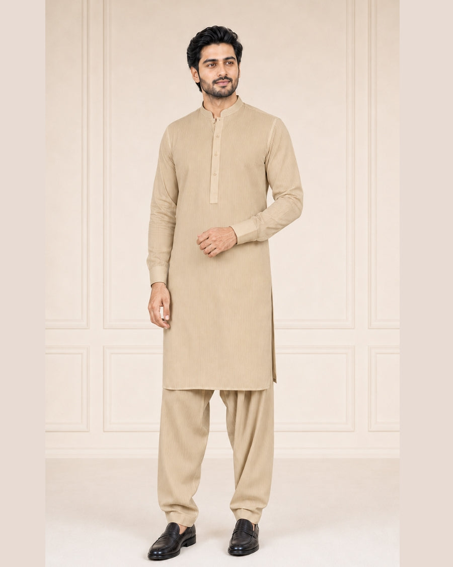 Light Sand Beige Lining Texture Cotton – Men’s 2-Piece Unstitched Suit