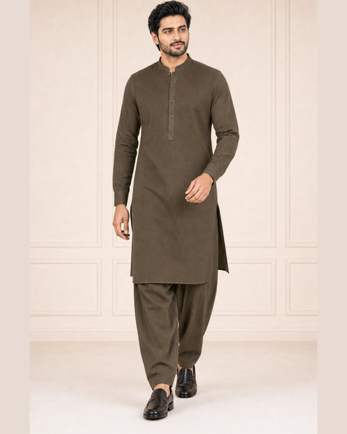Dark Olive Brown Lining Texture Cotton – Men’s 2-Piece Unstitched Suit