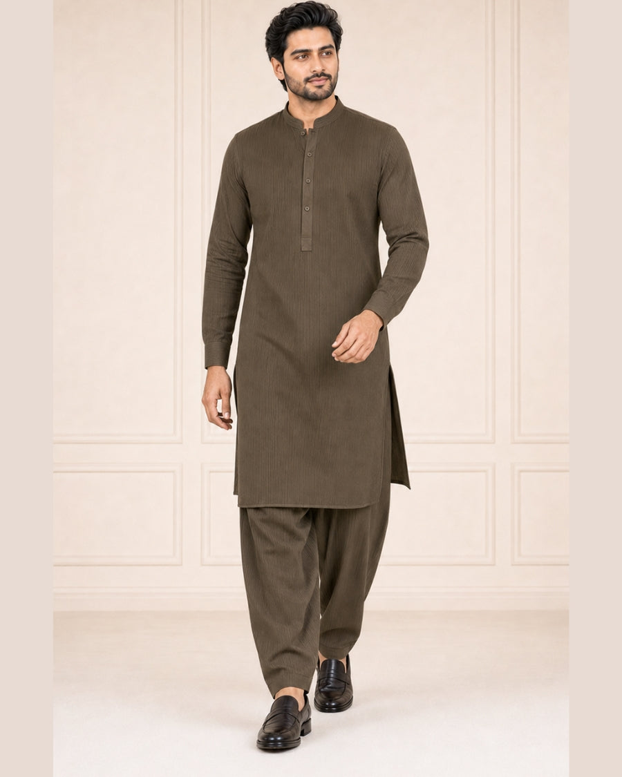 Dark Olive Brown Lining Texture Cotton – Men’s 2-Piece Unstitched Suit