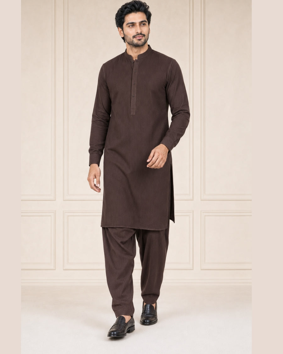 Dark Chocolate Brown Lining Texture Cotton – Men’s 2-Piece Unstitched Suit