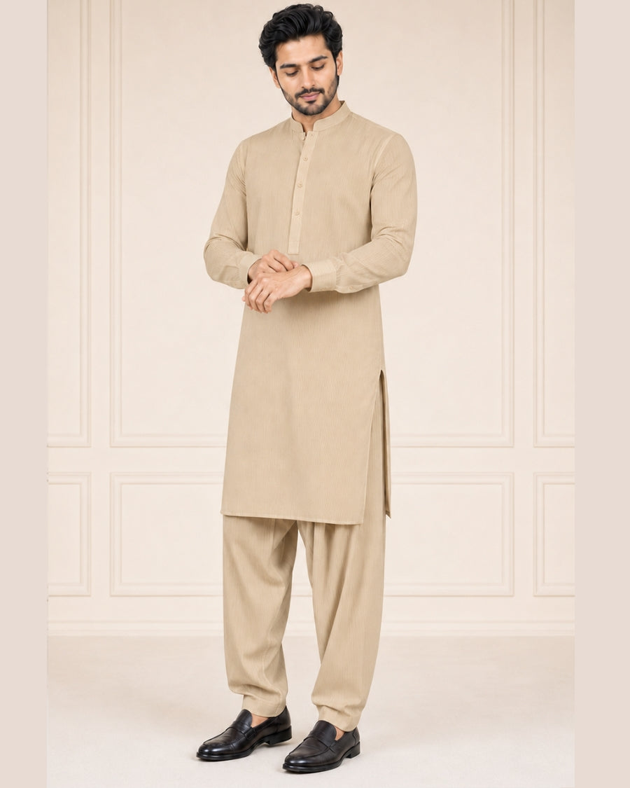 Light Sand Beige Lining Texture Cotton – Men’s 2-Piece Unstitched Suit