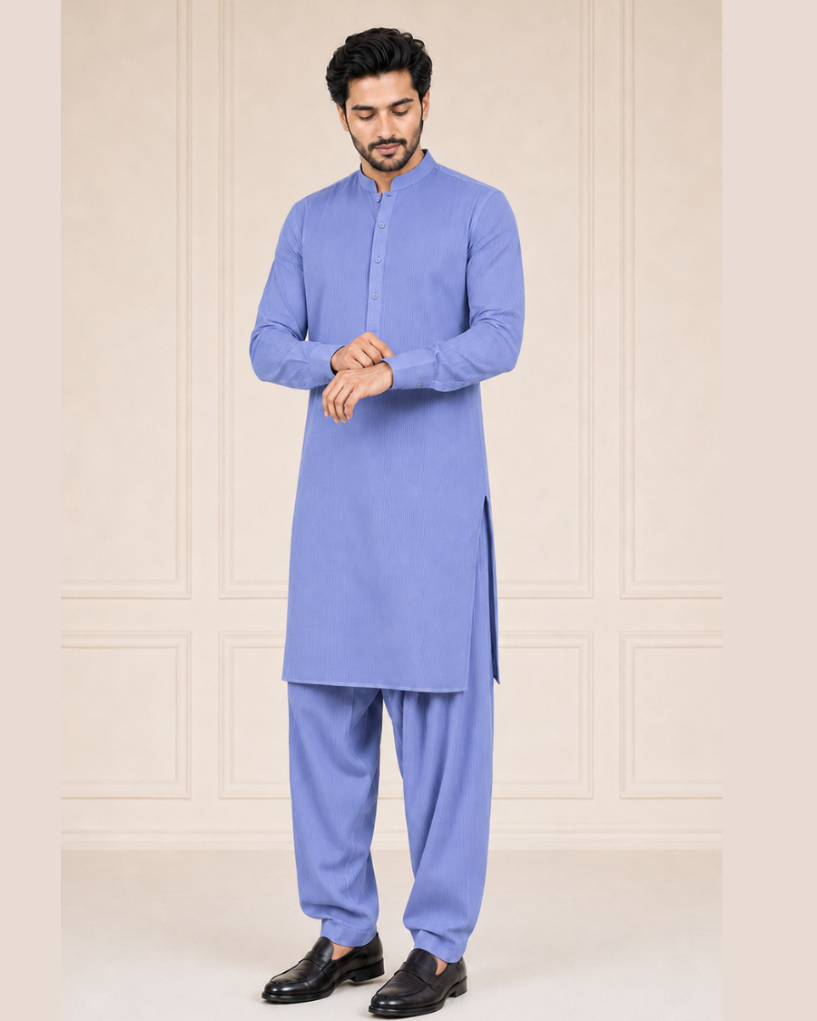 Lavender Blue Textured Cotton – Men’s 2-Piece Unstitched Suit