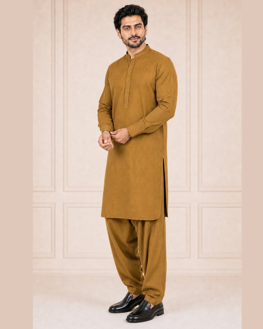 Mustard Lining Texture Cotton – Men’s 2-Piece Unstitched Suit