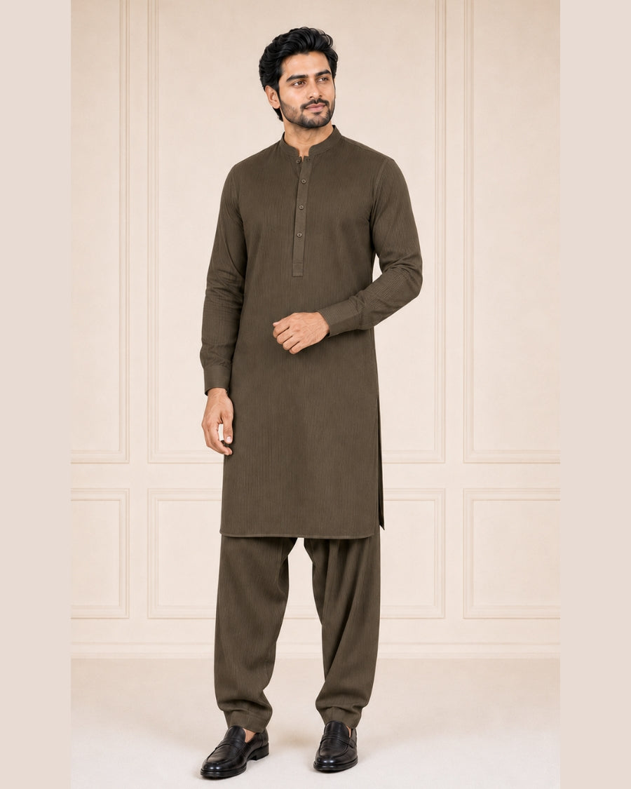 Dark Olive Brown Lining Texture Cotton – Men’s 2-Piece Unstitched Suit