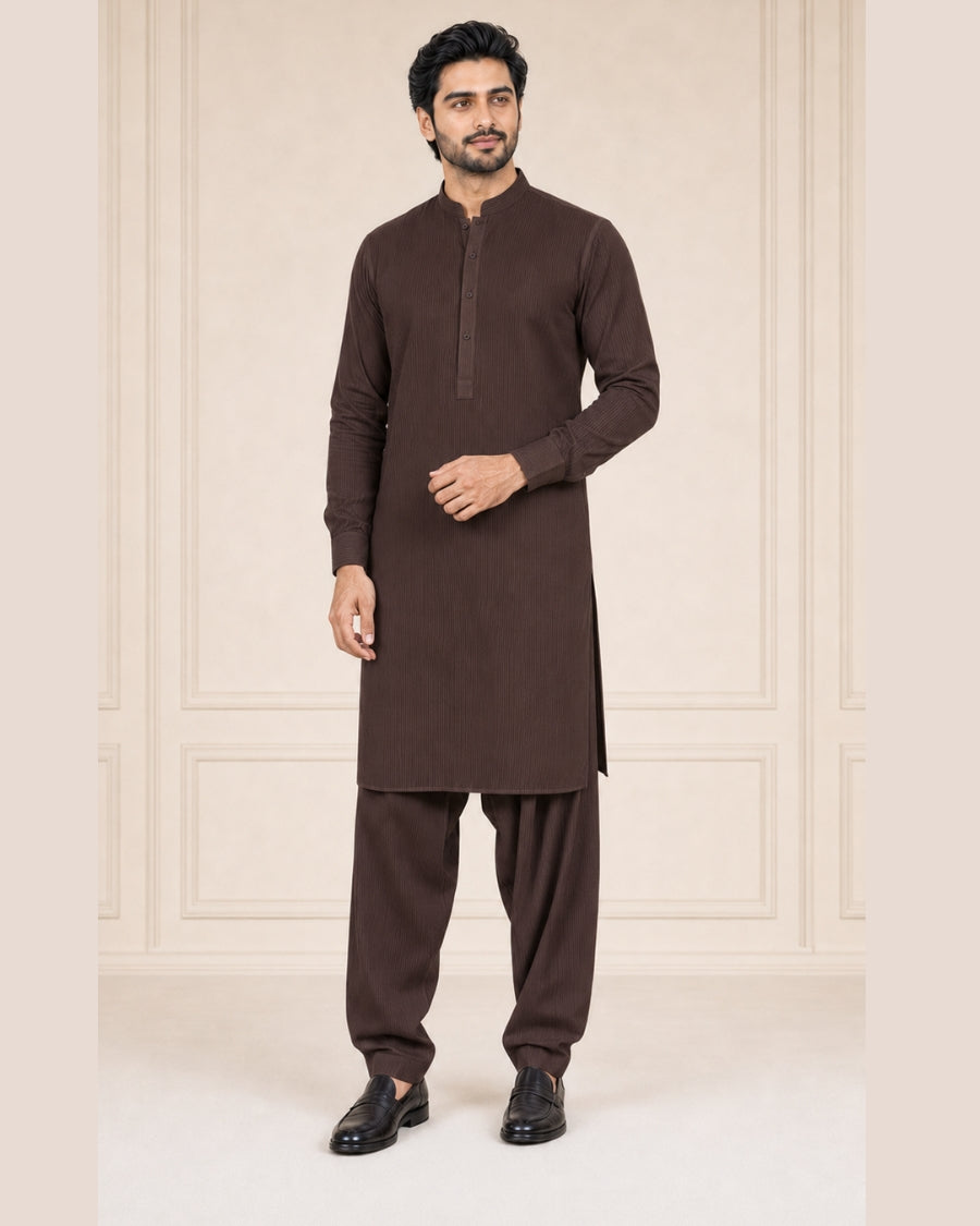 Dark Chocolate Brown Lining Texture Cotton – Men’s 2-Piece Unstitched Suit