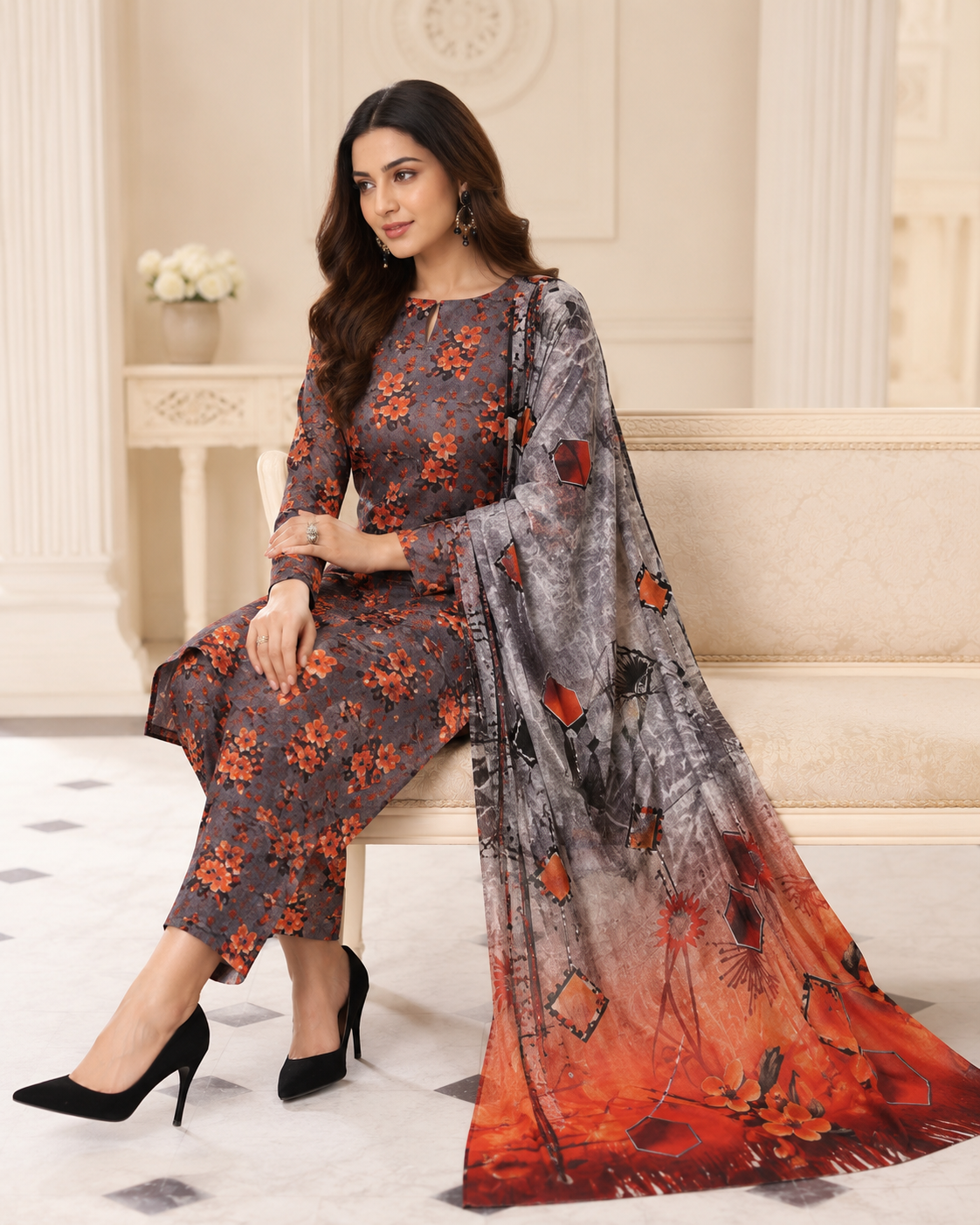 Charcoal Grey & Rust Orange Floral Digital Printed Lawn – Women’s 3-Piece Unstitched Suit