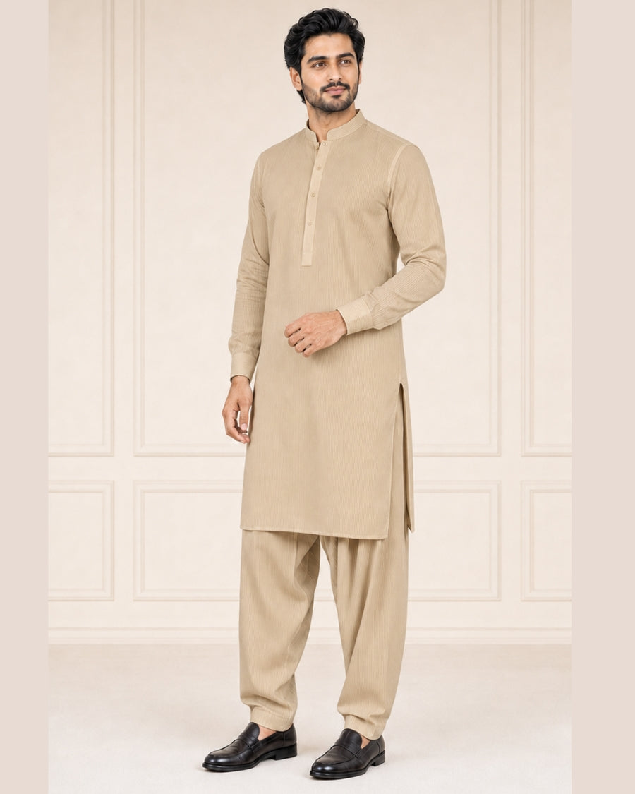Light Sand Beige Lining Texture Cotton – Men’s 2-Piece Unstitched Suit