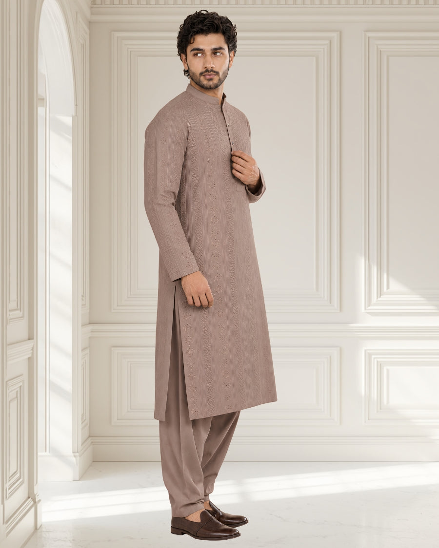 Taupe Brown Embroidered Men’s Kurta Shalwar