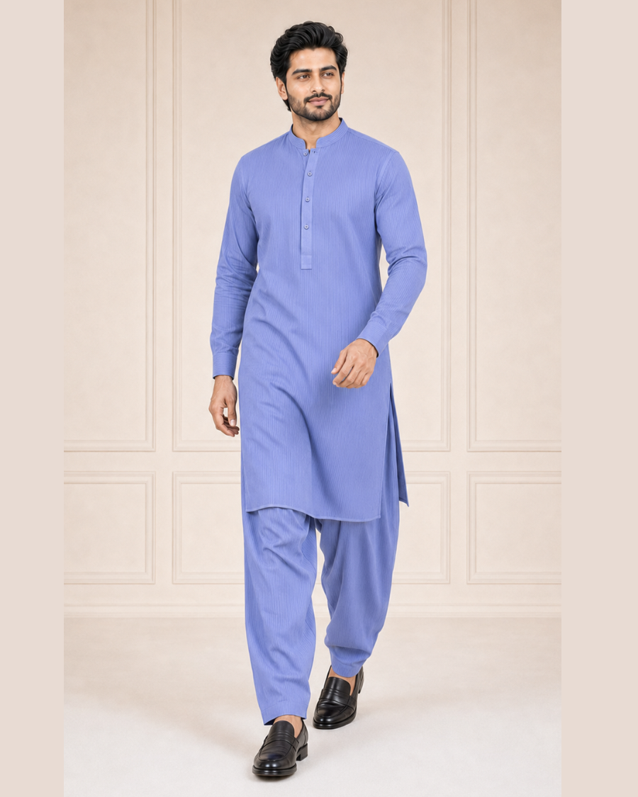 Lavender Blue Textured Cotton – Men’s 2-Piece Unstitched Suit