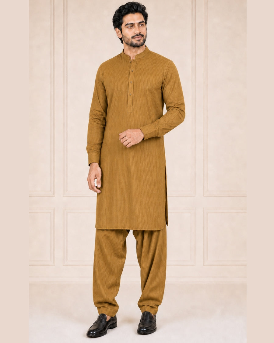 Mustard Lining Texture Cotton – Men’s 2-Piece Unstitched Suit