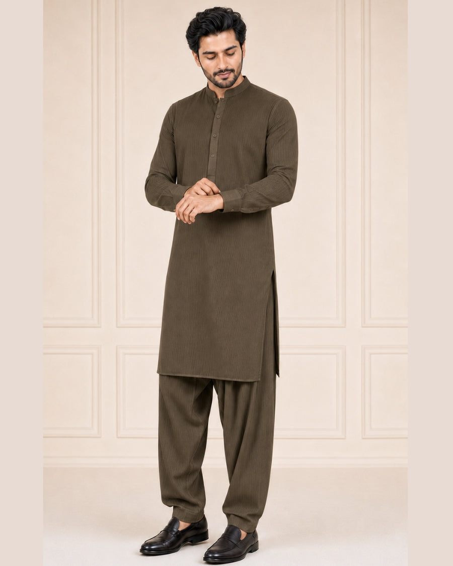 Dark Olive Brown Lining Texture Cotton – Men’s 2-Piece Unstitched Suit