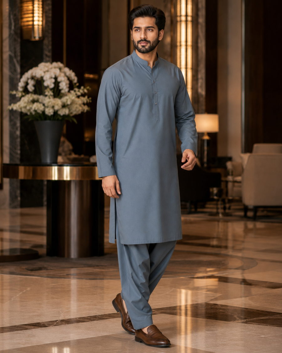 Premium Malaysia Grey Plain Cotton – Men’s Unstitched Suit
