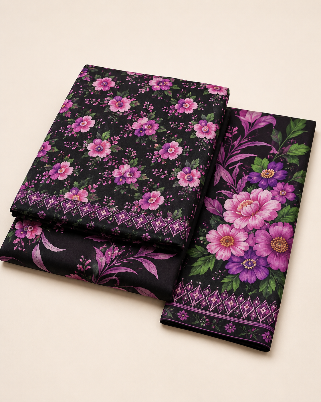 Black & Magenta Floral Printed Lawn – Women’s 3-Piece Unstitched Suit