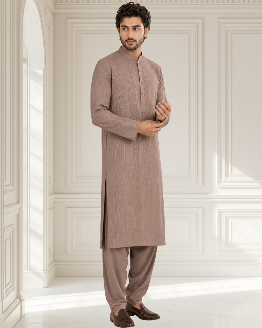 Taupe Brown Embroidered Men’s Kurta Shalwar