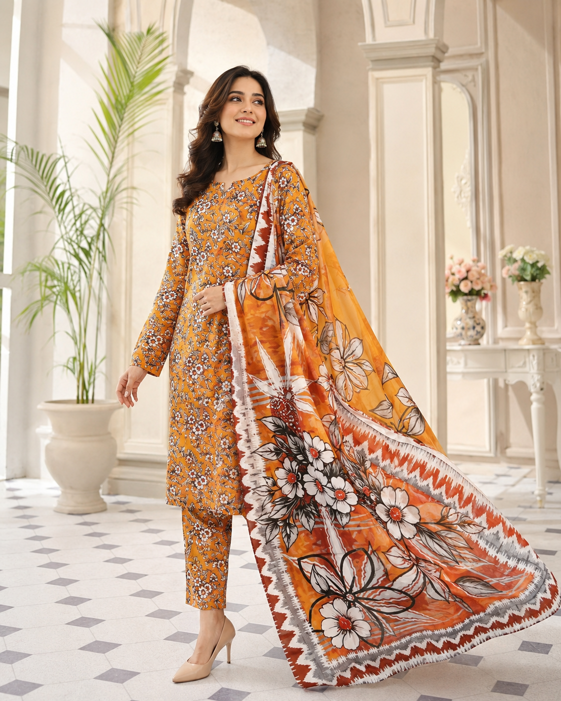 Orange & White Floral Digital Printed Lawn – Women’s 3-Piece Unstitched Suit