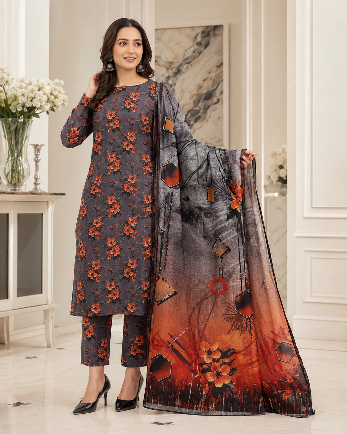 Charcoal Grey & Rust Orange Floral Digital Printed Lawn – Women’s 3-Piece Unstitched Suit