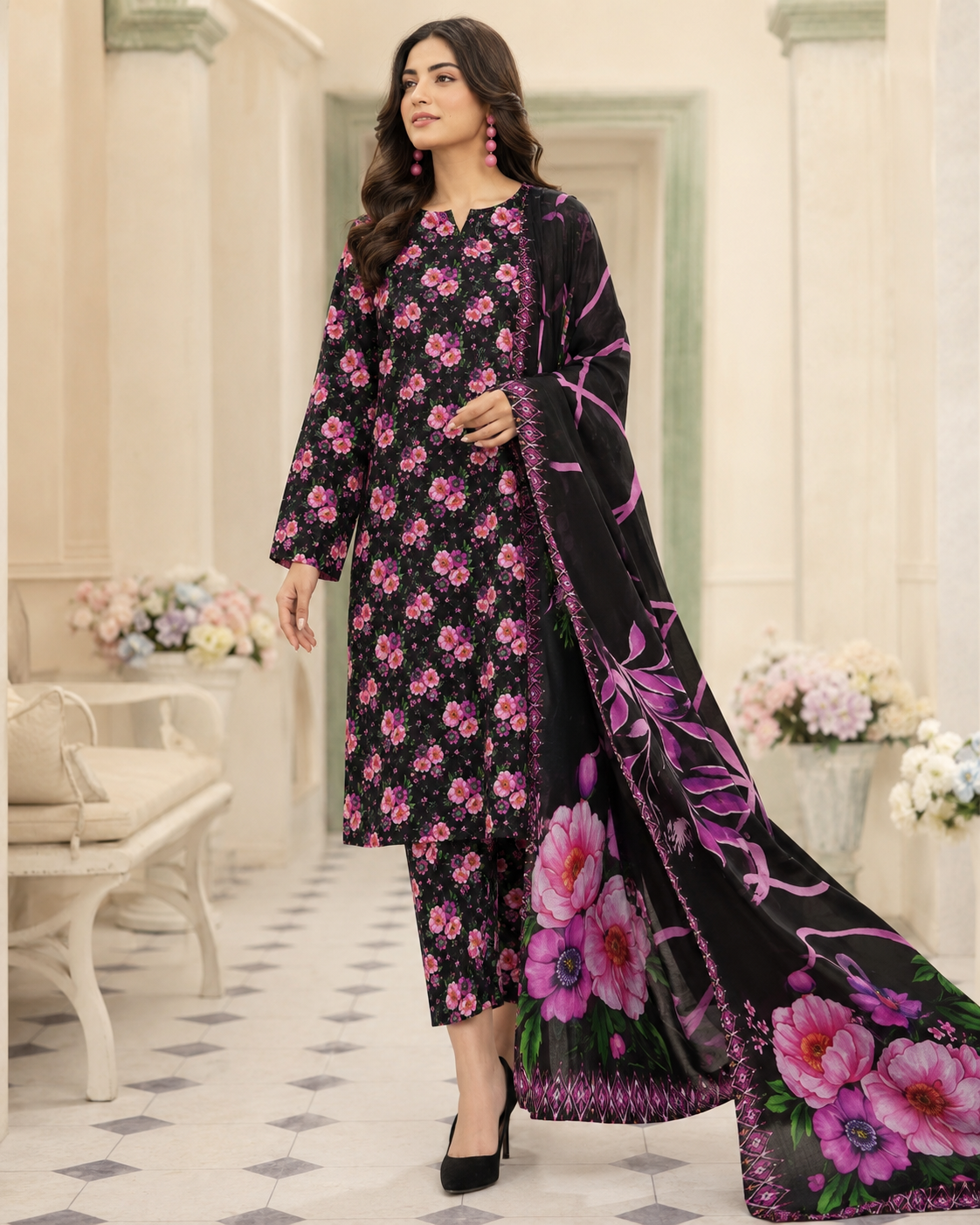 Black & Magenta Floral Printed Lawn – Women’s 3-Piece Unstitched Suit