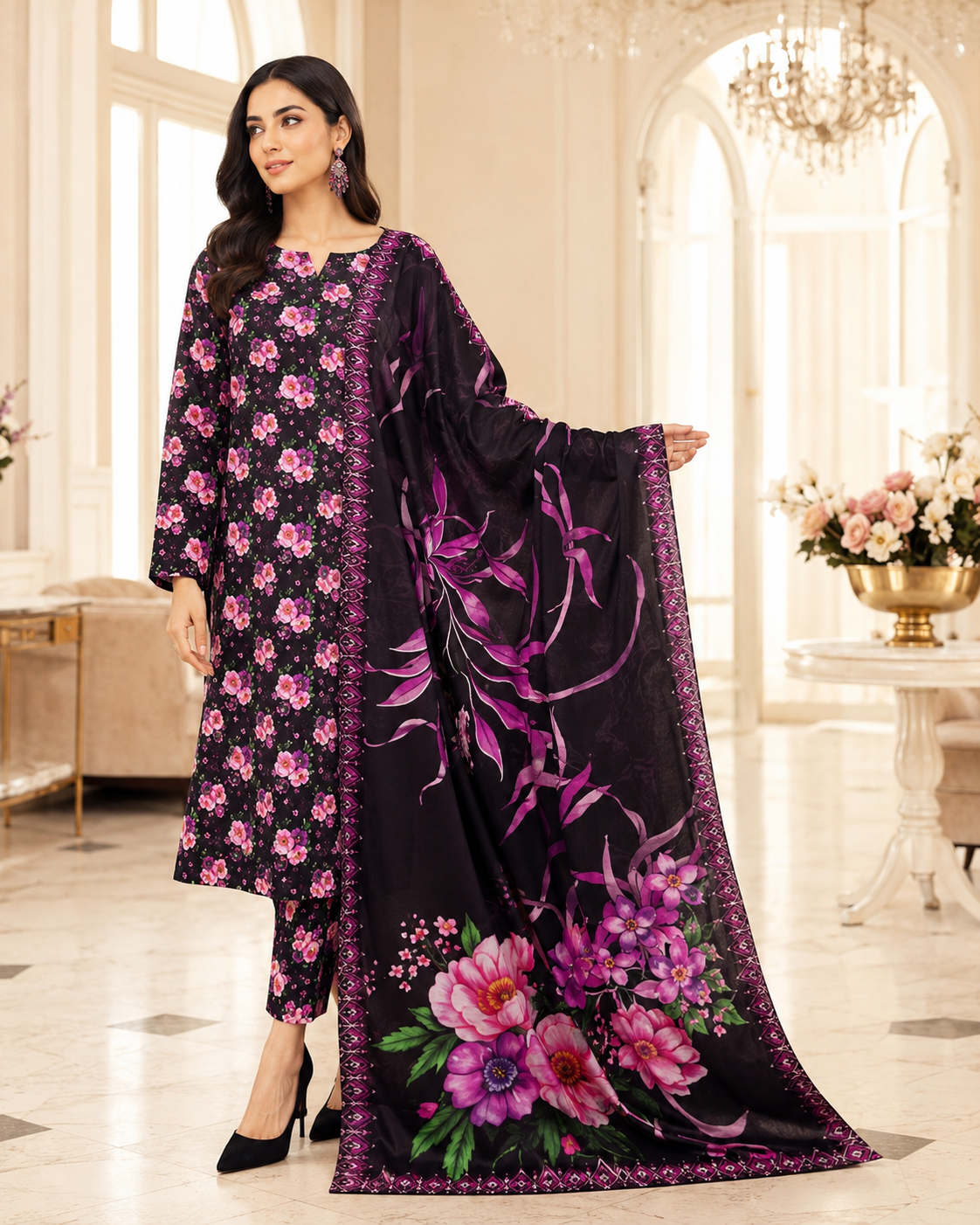 Black & Magenta Floral Printed Lawn – Women’s 3-Piece Unstitched Suit