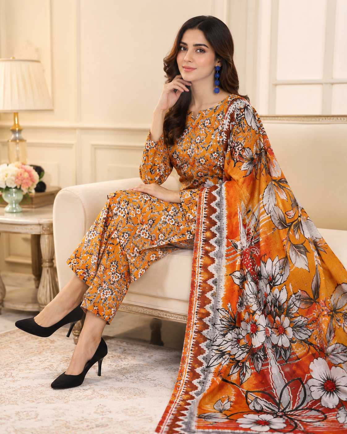 Orange & White Floral Digital Printed Lawn – Women’s 3-Piece Unstitched Suit