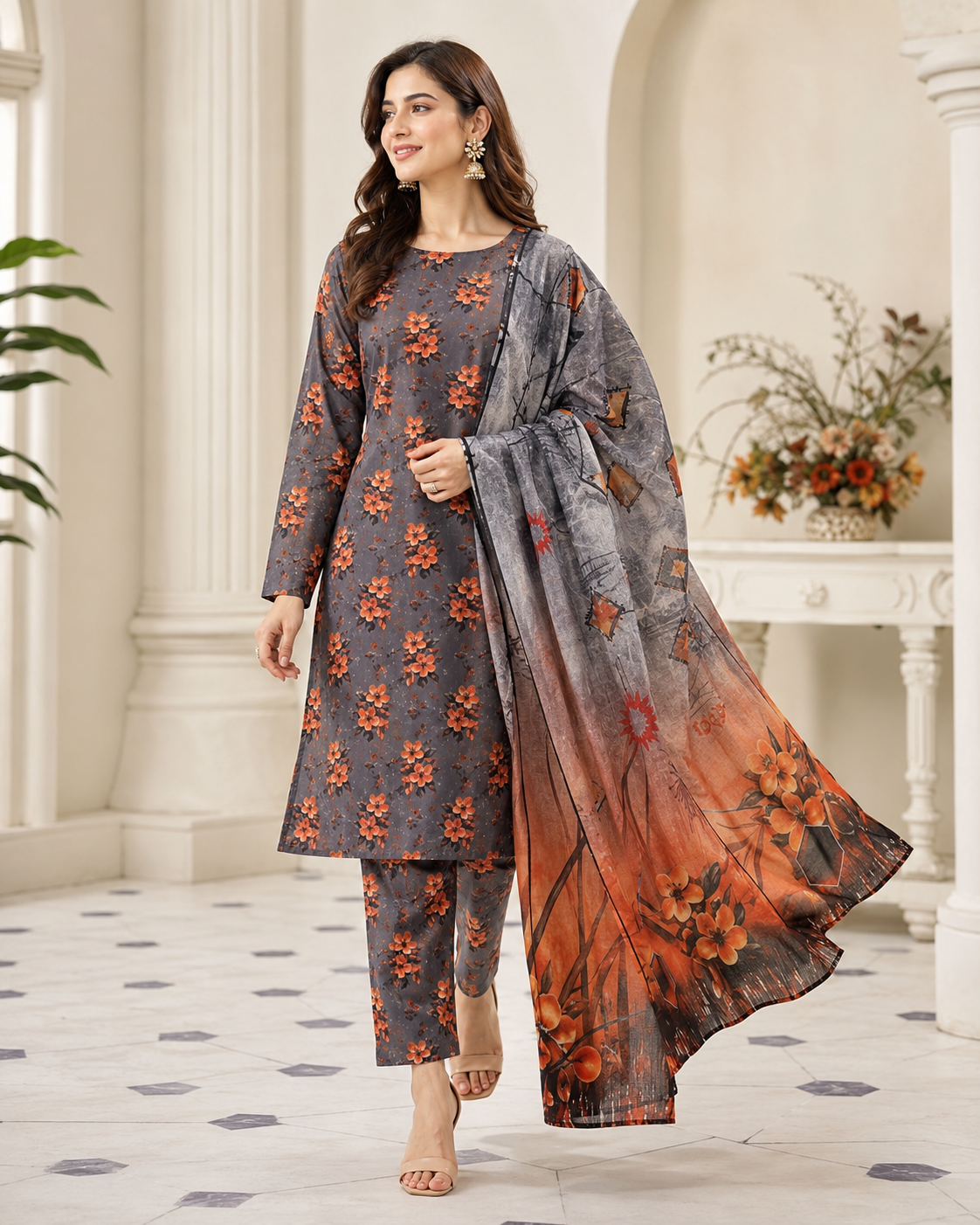 Charcoal Grey & Rust Orange Floral Digital Printed Lawn – Women’s 3-Piece Unstitched Suit