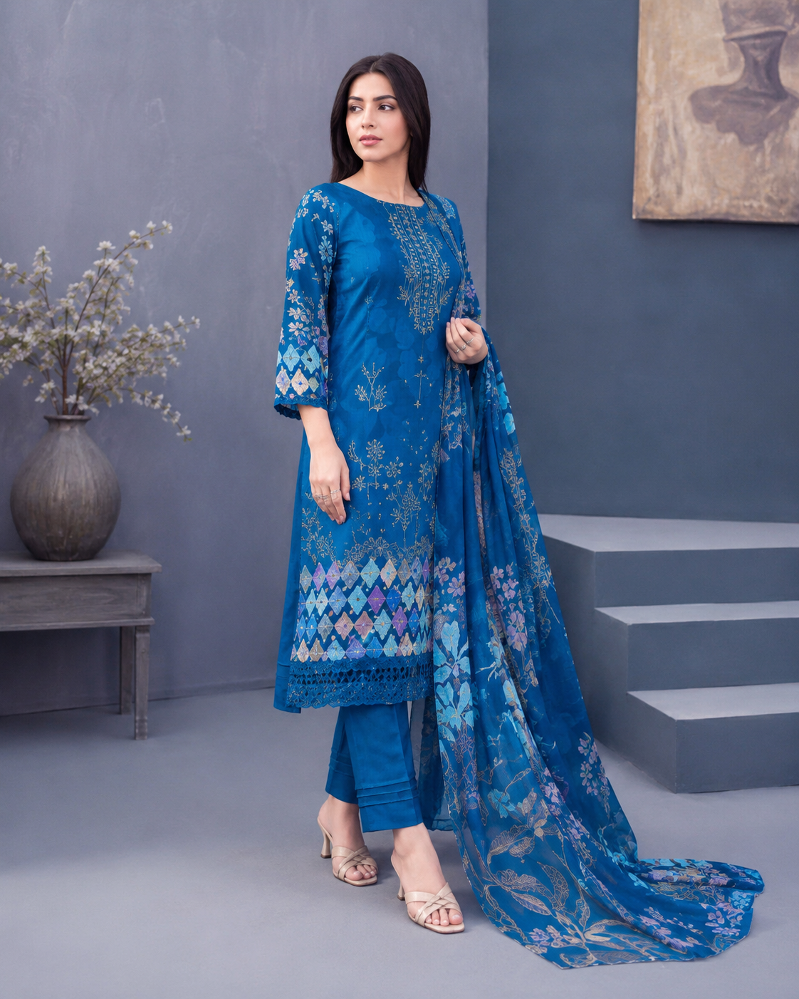 Ladies Premium Royal Blue Embroidered 3-Piece Unstitched Suit