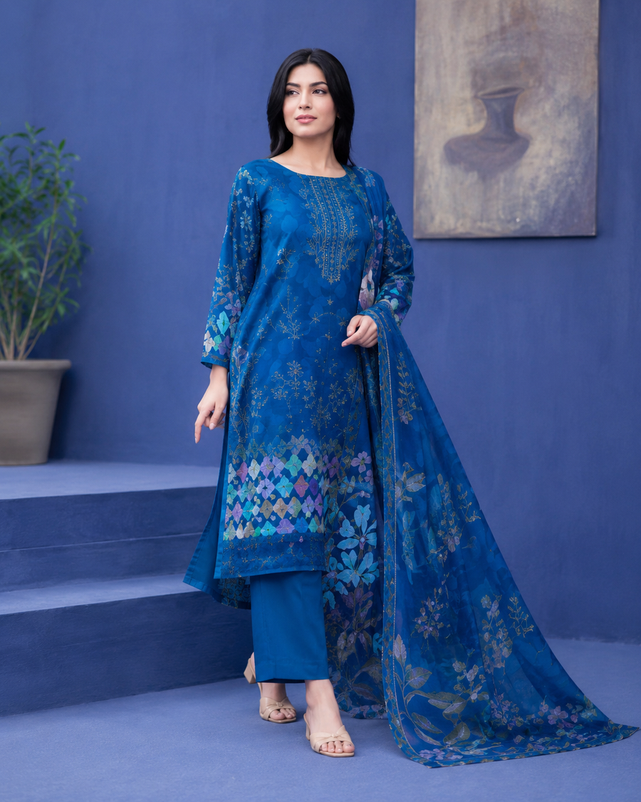 Ladies Premium Royal Blue Embroidered 3-Piece Unstitched Suit