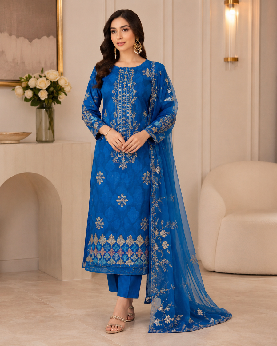 Ladies Premium Royal Blue Embroidered 3-Piece Unstitched Suit