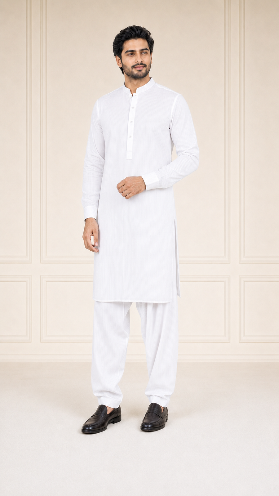 Pearl White Lining Texture Cotton – Men’s 2-Piece Unstitched Suit