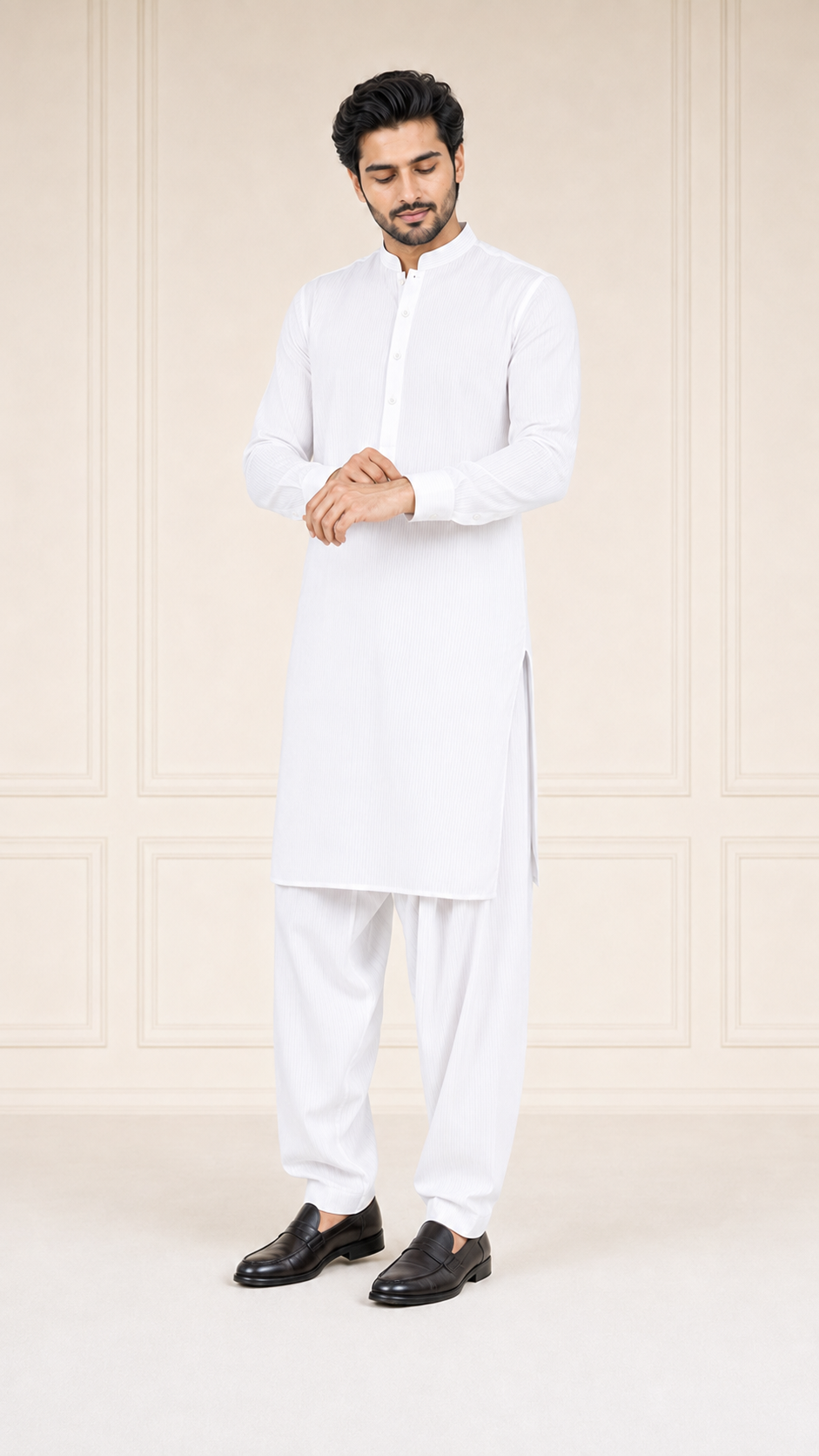 Pearl White Lining Texture Cotton – Men’s 2-Piece Unstitched Suit