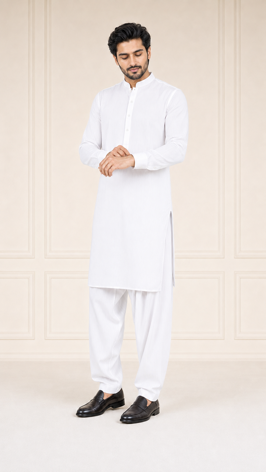 Pearl White Lining Texture Cotton – Men’s 2-Piece Unstitched Suit
