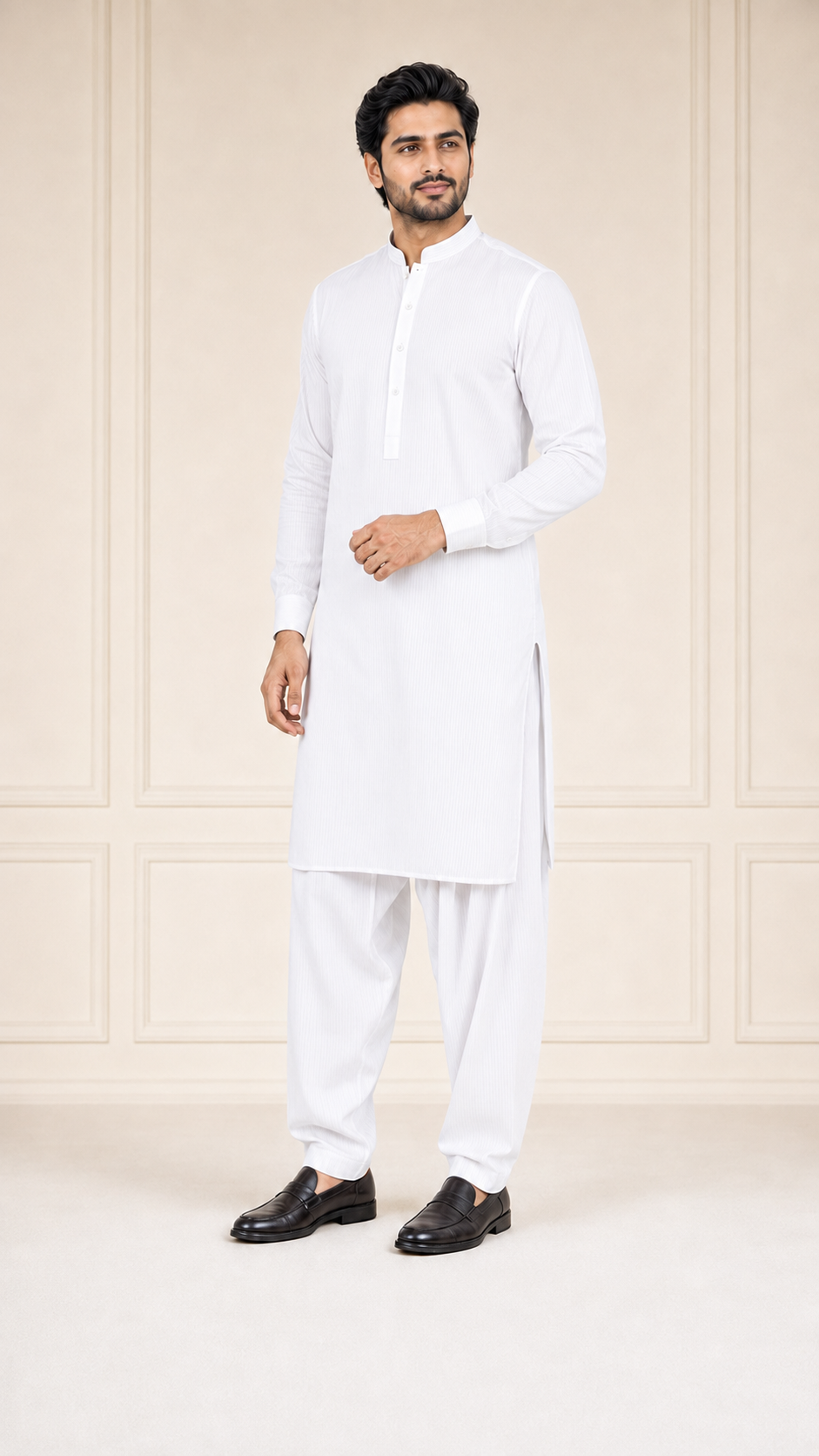 Pearl White Lining Texture Cotton – Men’s 2-Piece Unstitched Suit