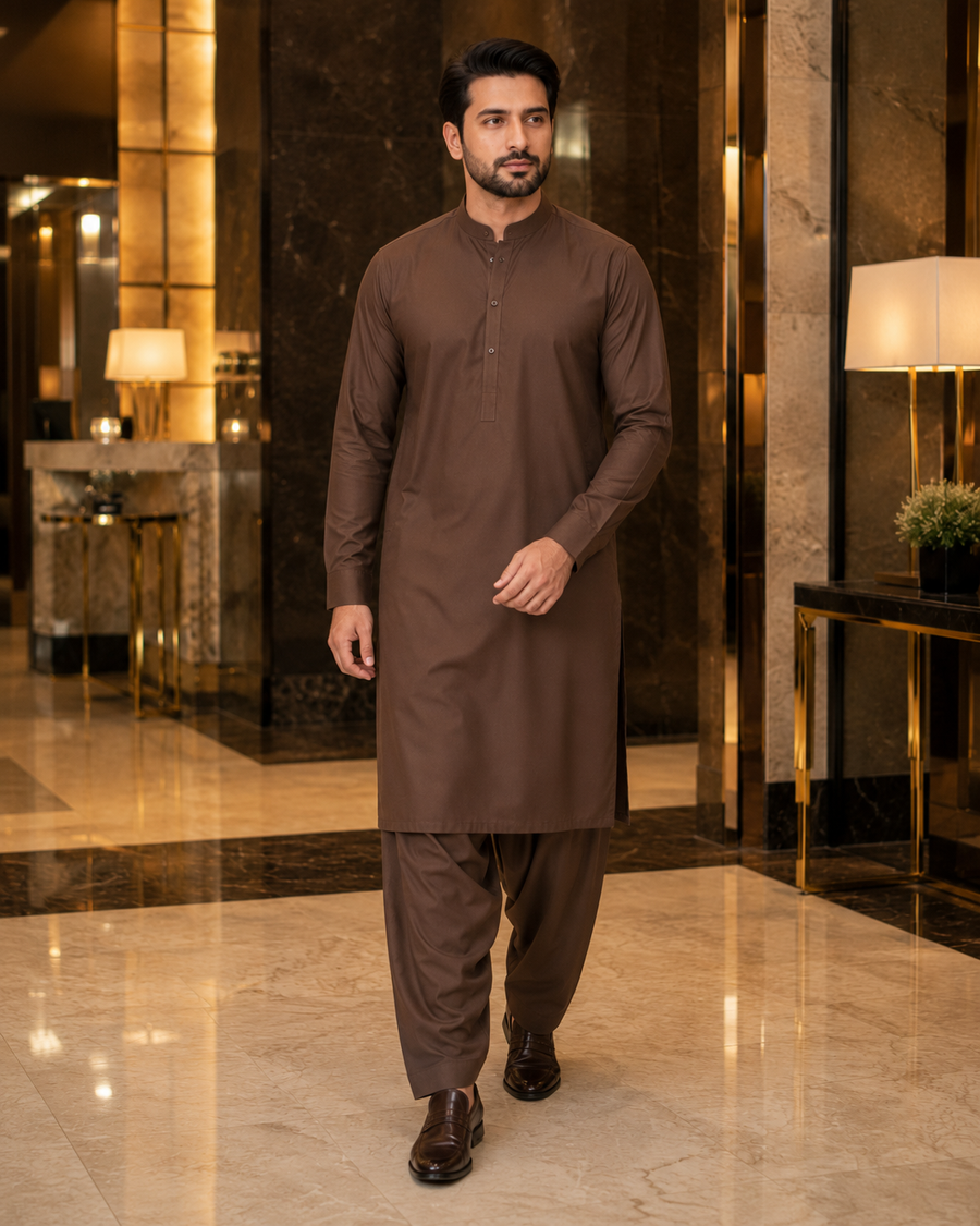 Coffee Brown Plain Cotton – Men’s Unstitched Suit