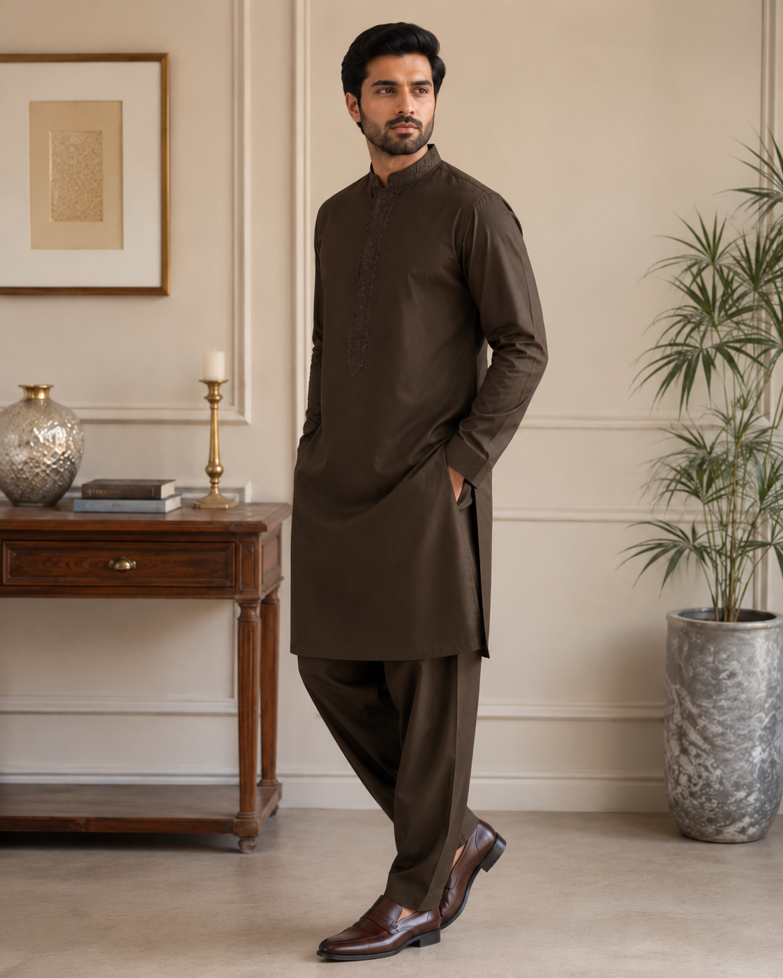 Dark Chocolate Brown Gents Gala Embroidered Unstitched Suit