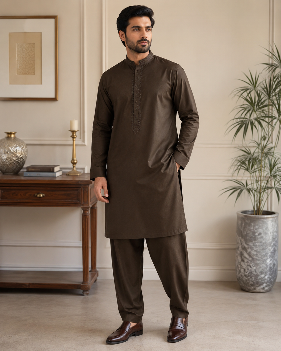 Dark Chocolate Brown Gents Gala Embroidered Unstitched Suit