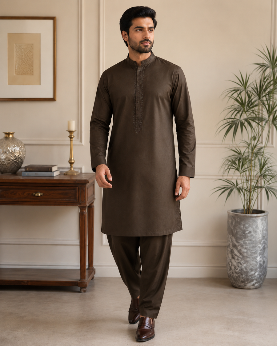 Dark Chocolate Brown Gents Gala Embroidered Unstitched Suit