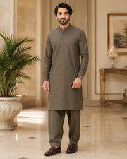 Dark Olive Brown Lining Texture Cotton – Men’s 2-Piece Unstitched Suit