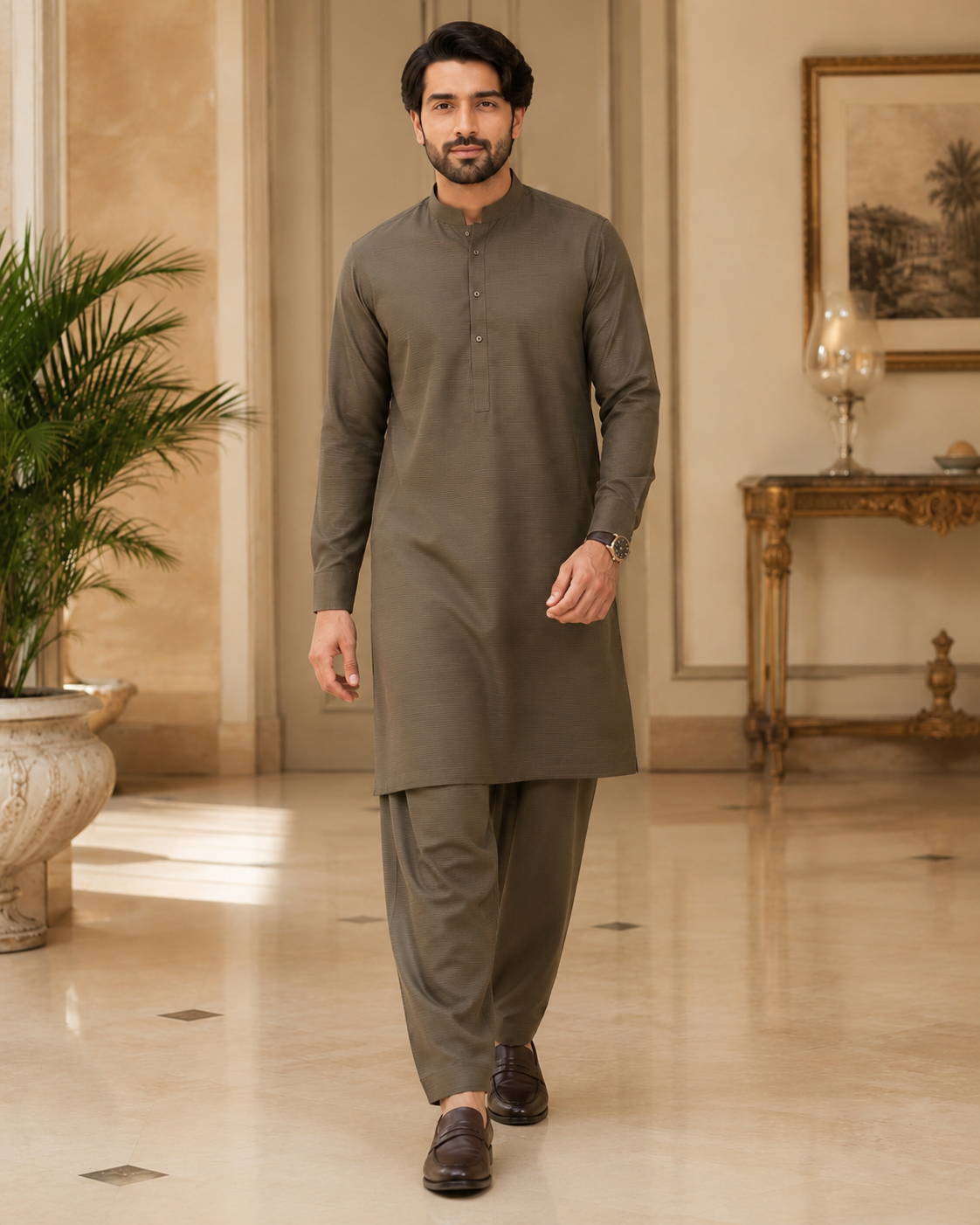 Dark Olive Brown Lining Texture Cotton – Men’s 2-Piece Unstitched Suit