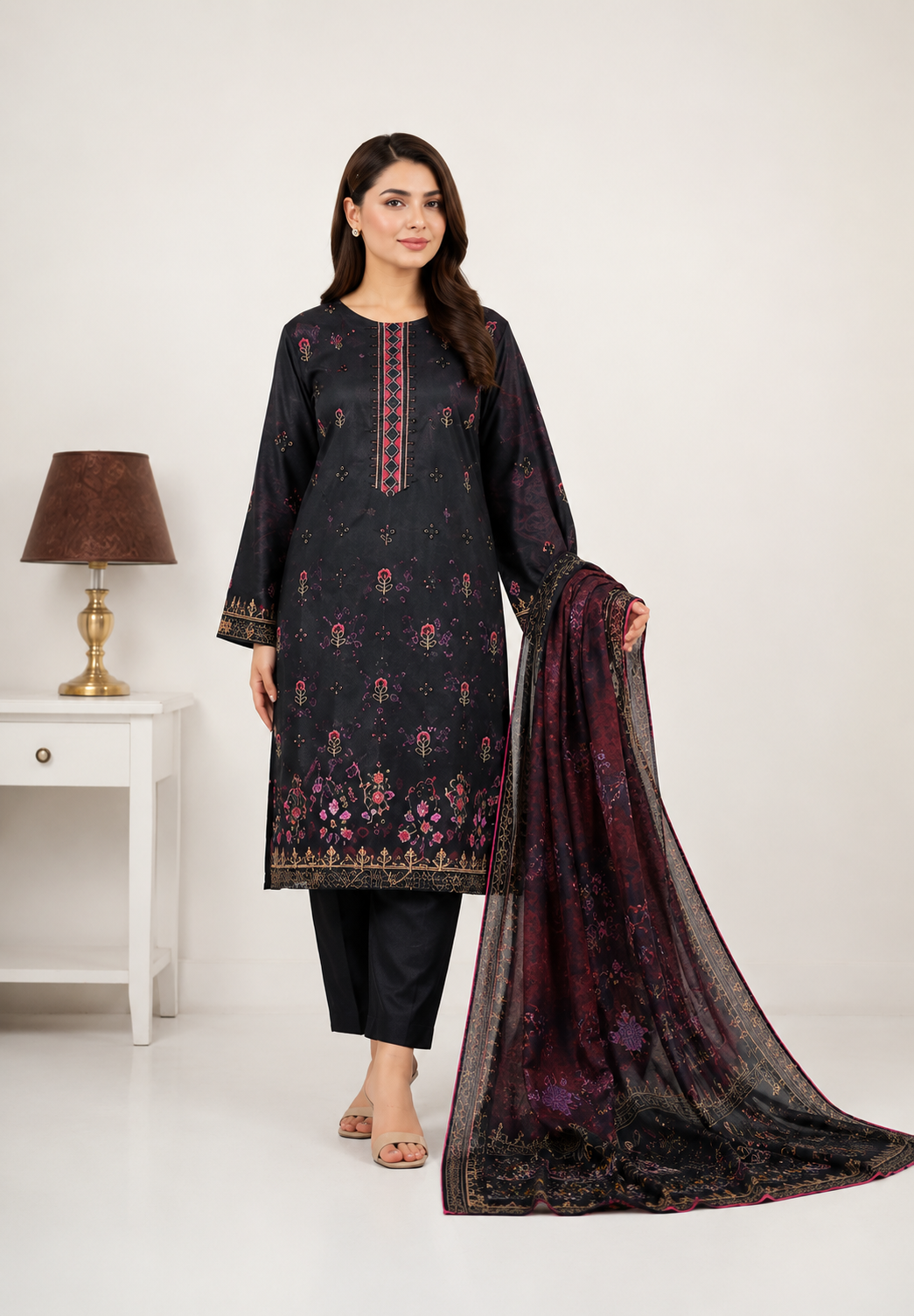 Deep Navy Blue Digital Lawn Cutwork Suit – 3 Piece